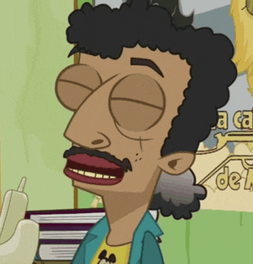 a cartoon of a man with a mickey mouse t-shirt on his chest