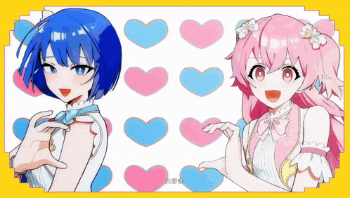 a blue haired girl and a pink haired girl are standing next to each other in front of pink and blue hearts