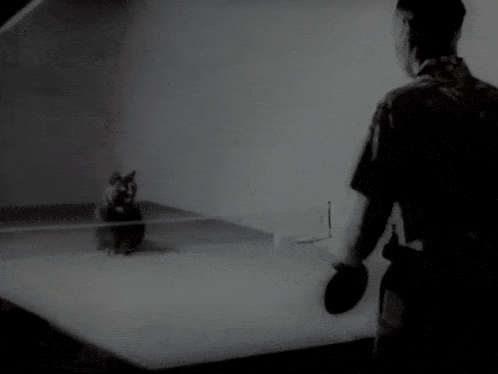 a black and white photo of a man standing in front of a mirror looking at a person .