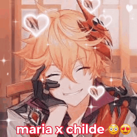 a close up of a person with hearts on their head and the words maria x childe