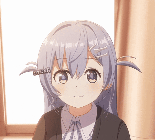 a close up of a girl with the word otona on her hair