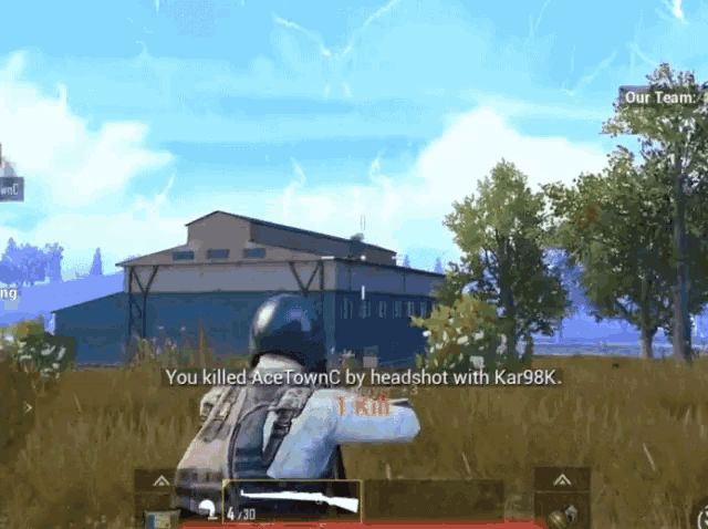 a screenshot of a video game with the words you killed ace townc by headshot with kar98k