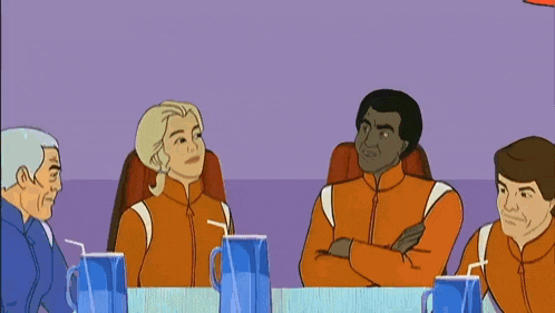 a group of cartoon characters are sitting around a table with pitchers of water