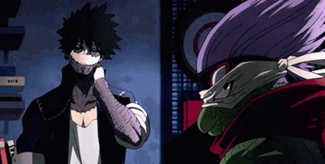 two anime characters are standing next to each other and one has a mask on