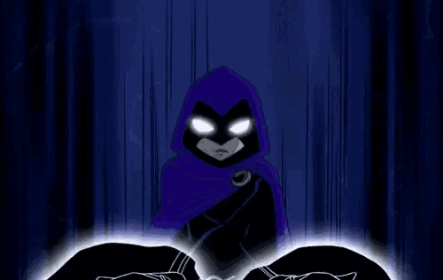 raven from teen titans go is flying through the air while holding a sword in her hands .