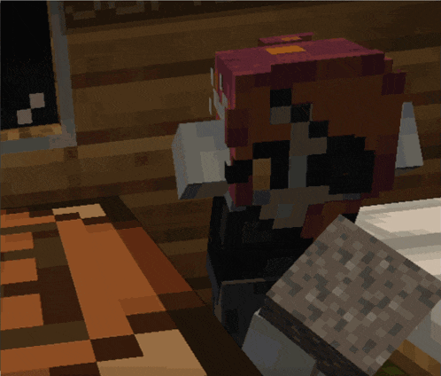 a minecraft character is sitting on a bed holding a green stick