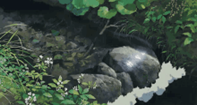 a painting of a river with rocks and plants