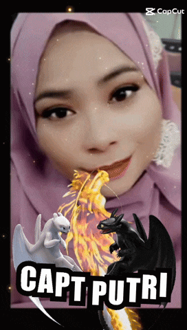 a woman in a purple hijab is surrounded by dragons and the name capt putri