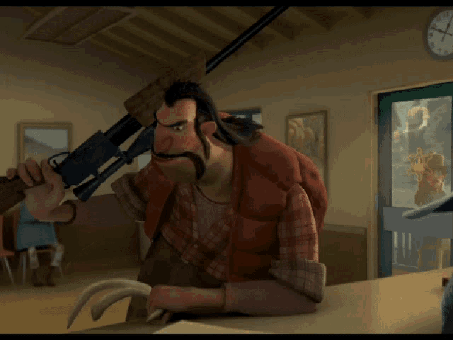 a man in a red vest is holding a gun over his shoulder