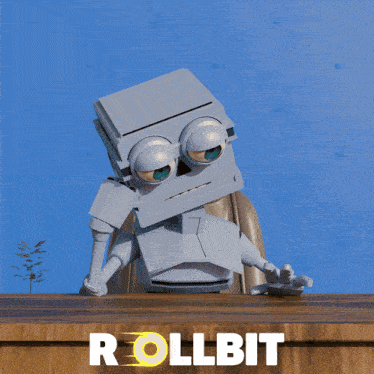 a skeleton sits on a wooden table with the word rollbit on the bottom