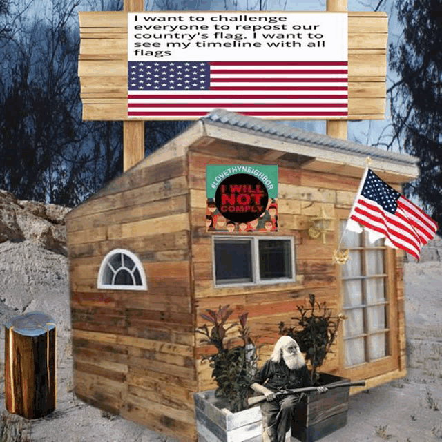 a sign that says " i will not comply " is above a wooden house
