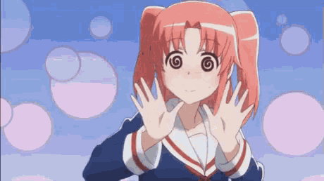 a girl with red hair and a spiral in her eyes is making a stop sign .
