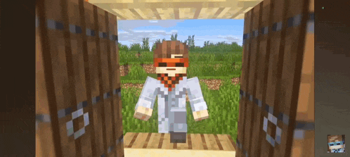 a minecraft character with a mask on his face is standing in a doorway
