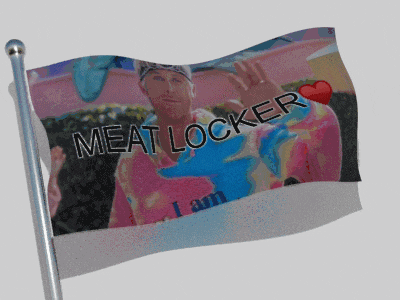 a flag with a picture of a man and the words " meat locker " on it