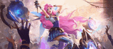 a painting of a girl with pink hair holding a sword