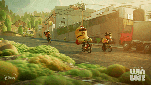 two cartoon characters are riding bicycles down a street with the words win and lose written on the bottom