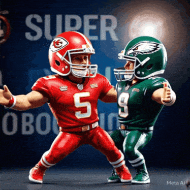 two football players are standing next to each other in front of a sign that says super bowl