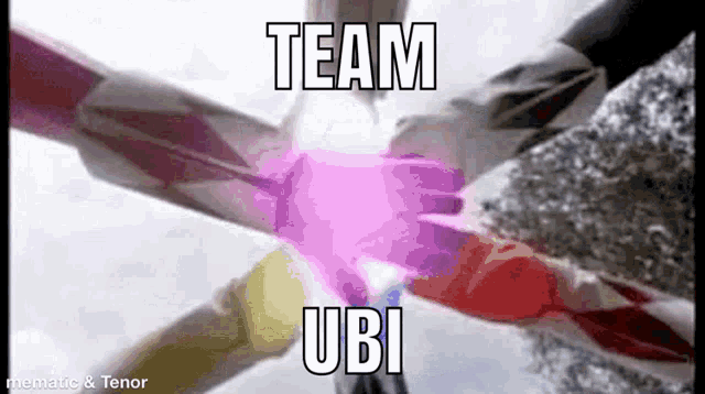 a group of people are putting their hands together with the words `` team ubi '' written on the bottom .