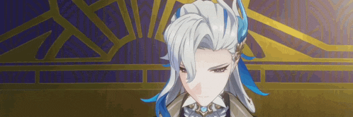 a cartoon character with long white hair and blue ears is standing in front of a purple and gold background .