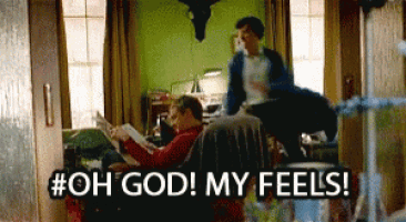 a man is sitting on a couch reading a book with the words oh god my feels written above him