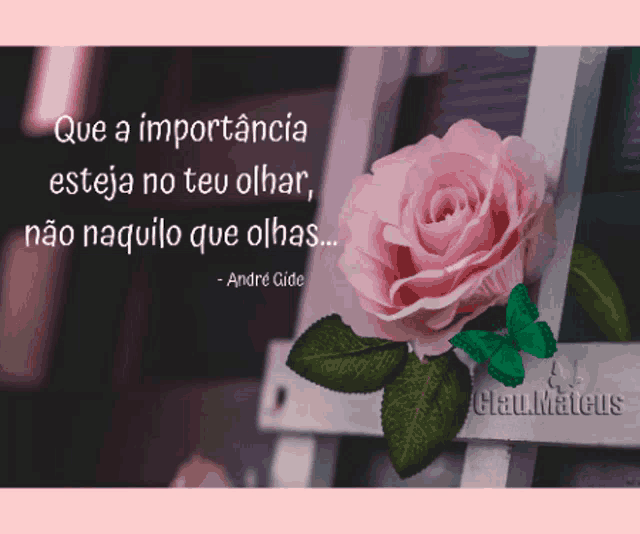 a pink rose with a butterfly and a quote by andre gide