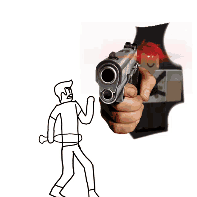 a hand is pointing a gun at a cartoon character