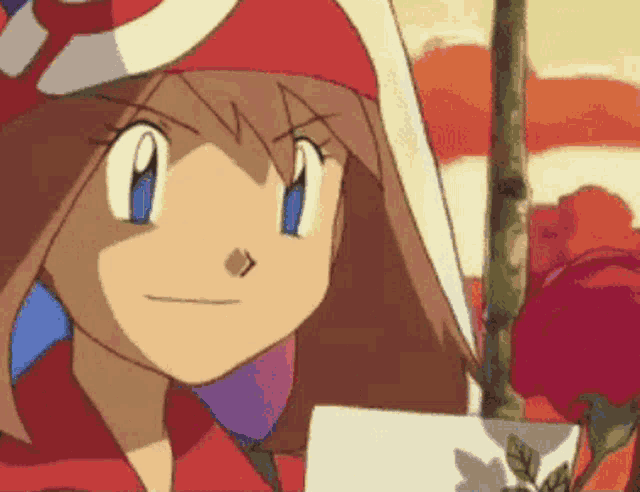 a girl in a red and white hat is holding a rose and a piece of paper