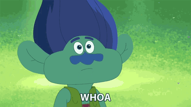 a troll with blue hair and the word whoa on the bottom