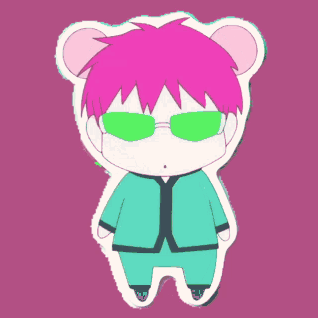 a sticker of a cartoon character with pink hair and green sunglasses