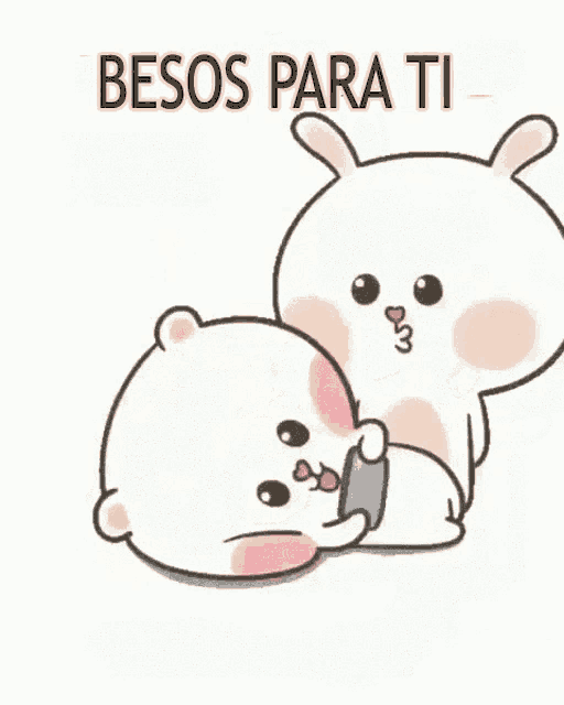a cartoon of two rabbits kissing each other with the words besos para ti in the background