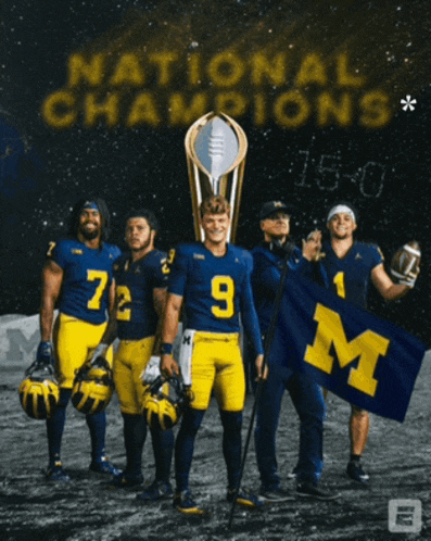 a group of football players standing in front of a banner that says " national champions "