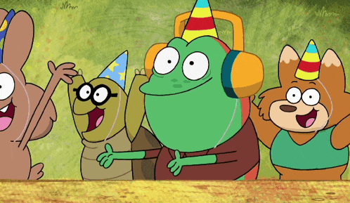 a group of cartoon characters wearing party hats are standing next to each other