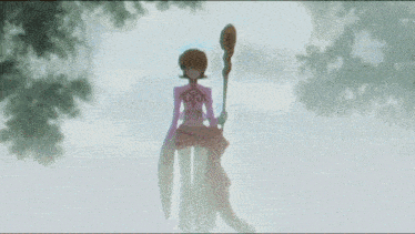 a person in a pink shirt is holding a stick in their hand