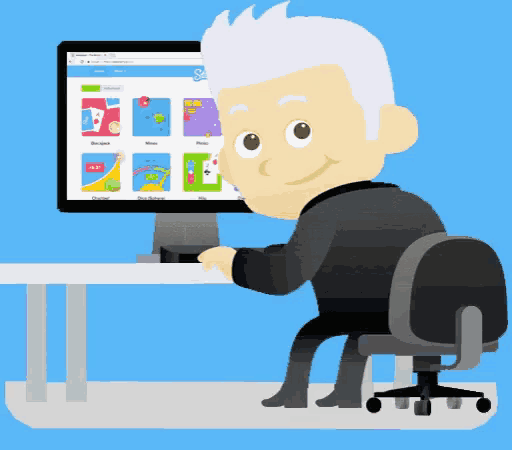 a cartoon of a man sitting at a desk using a computer with a screen that says " home "