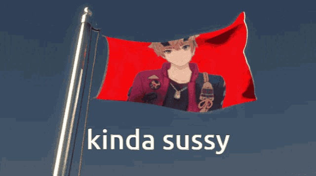 a red flag with a picture of a boy and the words kinda sussy below it