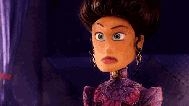 a cartoon doll with a purple dress and earrings