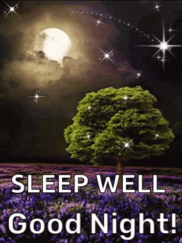 a tree in a field of purple flowers with a full moon in the background .