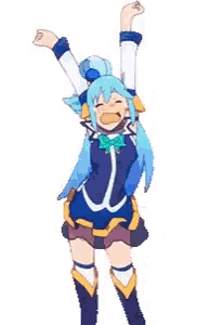 a girl with blue hair and headphones is standing with her arms in the air .