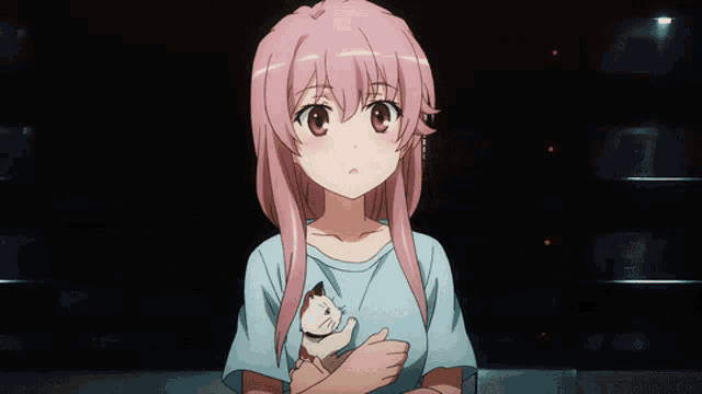 a girl with pink hair is holding a cat in her hands