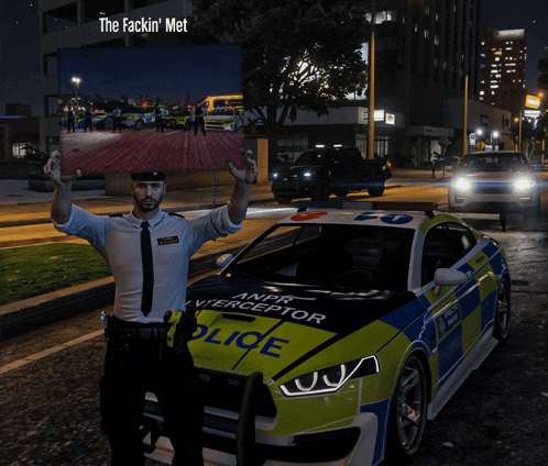 two police officers standing in front of a police car that says anpr interceptor