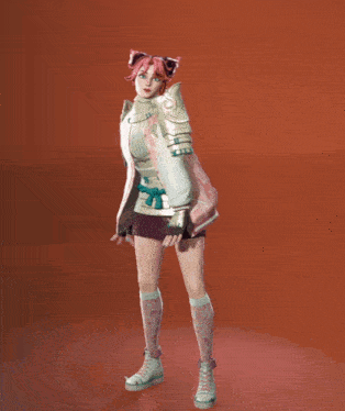 a girl with pink hair is wearing a white jacket and a pink skirt