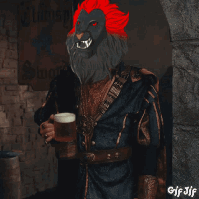 a man with a lion 's head is holding a mug of beer in front of a sign that says curiosity