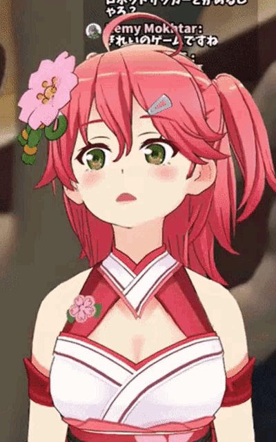 a cartoon girl with pink hair and a flower in her hair says emy moktar
