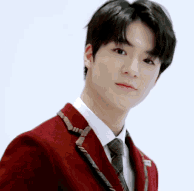 a man in a red suit and tie looks at the camera