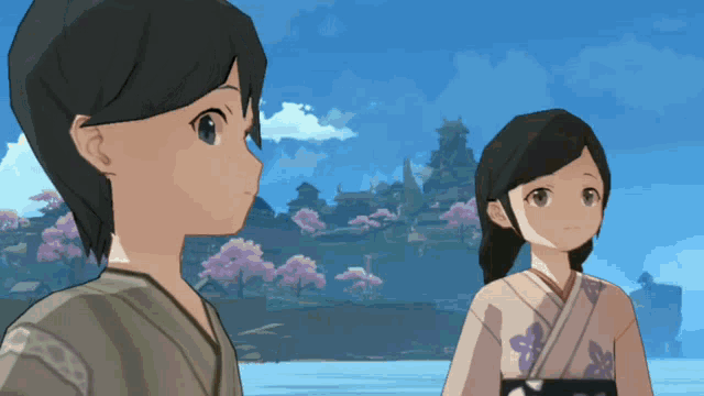 a boy and a girl are standing next to each other in front of a castle