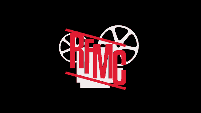 a red and white logo for rfmc with a film reel