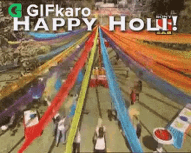 an aerial view of a colorful festival with the words happy holi