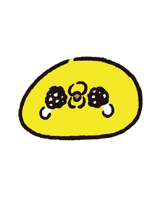 a cartoon drawing of a yellow circle with black dots and a red flower on it