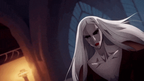 a cartoon drawing of a vampire with long white hair and red lips .