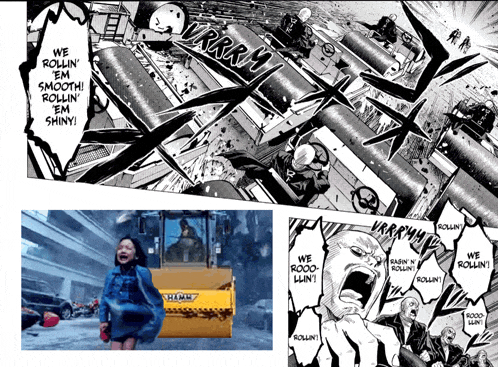 a girl in a blue raincoat is standing in front of a yellow bulldozer that says we rollin ' em smooth